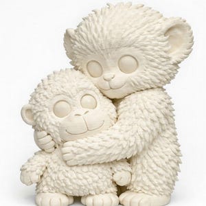 May include: A cream-colored sculpture of two embracing monkey-like figures. The larger figure hugs the smaller one, both with large, round eyes and textured fur. The sculpture has a smooth, matte finish and is set against a white background.