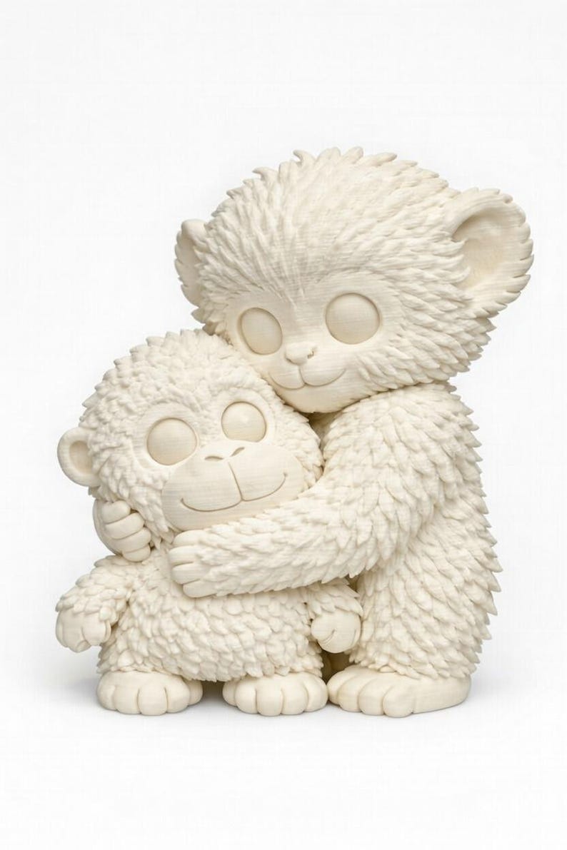 May include: A cream-colored sculpture of two embracing monkey-like figures. The larger figure hugs the smaller one, both with large, round eyes and textured fur. The sculpture has a smooth, matte finish and is set against a white background.