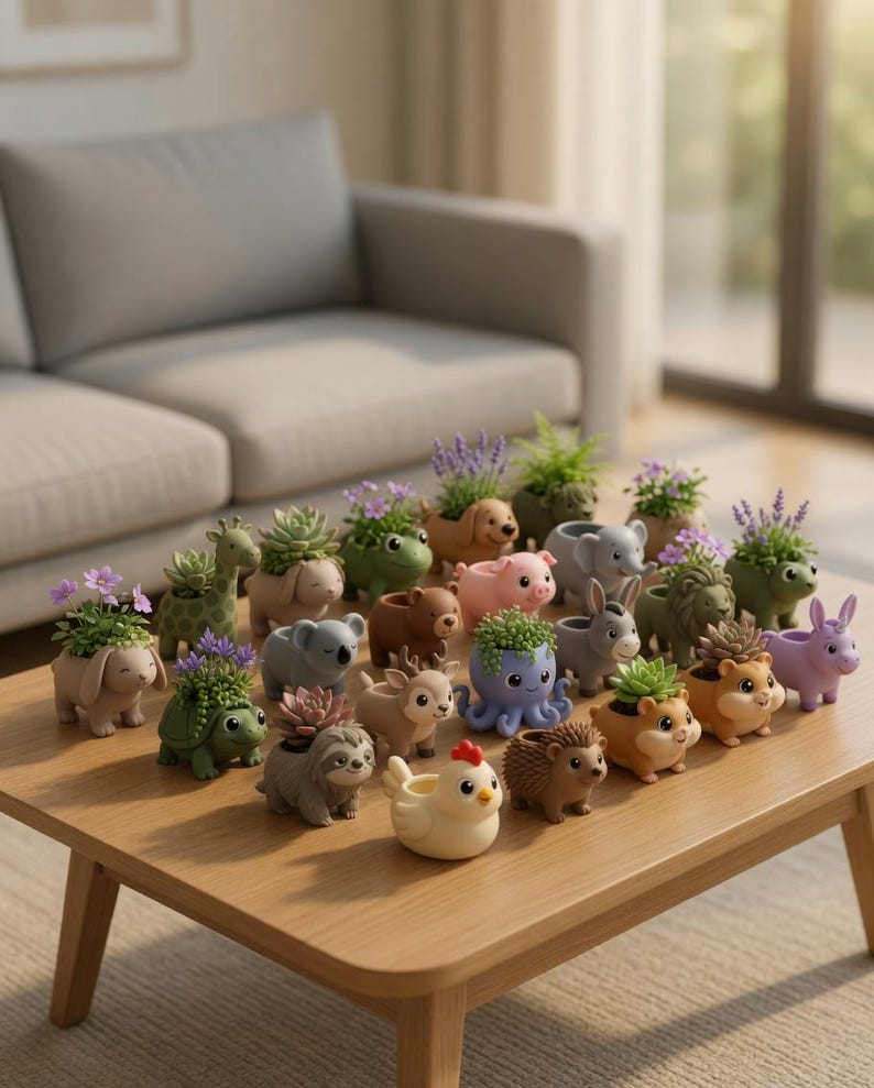 May include: A selection of miniature animal-shaped plant pots, each filled with a small succulent or flowering plant. The pots are displayed on a wooden table and feature various animals, including dogs, pigs, and rabbits. The color palette is pastel, creating a whimsical aesthetic.