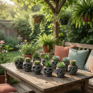 May include: A wooden table displays several gray skull-shaped planters, each holding a different succulent or cactus. The planters have various facial expressions. The scene is set outdoors with a wooden pergola and other potted plants in the background.