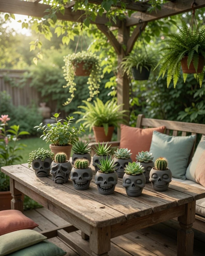 May include: A wooden table displays several gray skull-shaped planters, each holding a different succulent or cactus. The planters have various facial expressions. The scene is set outdoors with a wooden pergola and other potted plants in the background.