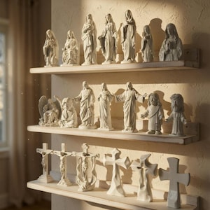 May include: A display of white religious figurines and crosses arranged on three wooden shelves. The figurines represent various religious figures, and the crosses have different designs. The shelves are fixed to a textured wall.