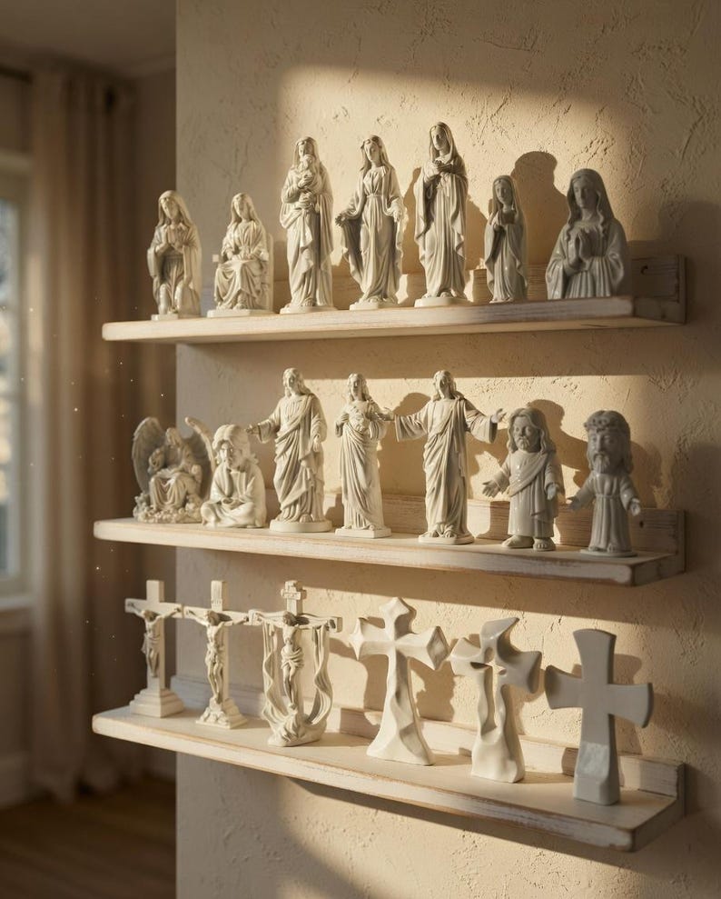 May include: A display of white religious figurines and crosses arranged on three wooden shelves. The figurines represent various religious figures, and the crosses have different designs. The shelves are fixed to a textured wall.