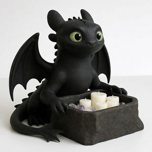 Puede incluir: Figura de drag&oacute;n negro con grandes alas y ojos verdes, sosteniendo un recipiente de piedra lleno de velas blancas y peque&ntilde;as piedras moradas y transparentes. El drag&oacute;n es un objeto decorativo.