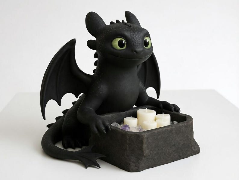 Puede incluir: Figura de drag&oacute;n negro con grandes alas y ojos verdes, sosteniendo un recipiente de piedra lleno de velas blancas y peque&ntilde;as piedras moradas y transparentes. El drag&oacute;n es un objeto decorativo.