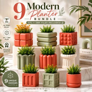 Può includere: Un pacchetto digitale di 9 vasi moderni con varie forme e texture geometriche in tonalità arancione, verde e crema. Ogni vaso contiene una piccola pianta verde. Il testo recita 9 Modern Planter Bundle, STL + 3MF FILES INCLUDED.