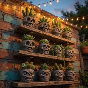 May include: A display of gray skull-shaped planters with various succulents and cacti, arranged on wooden shelves against a brick wall. The planters have different facial expressions. String lights hang above the display, creating a decorative garden feature.