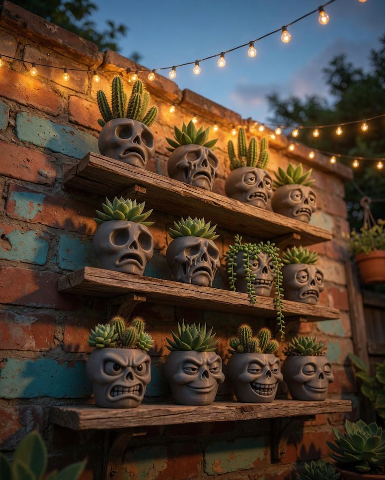 May include: A display of gray skull-shaped planters with various succulents and cacti, arranged on wooden shelves against a brick wall. The planters have different facial expressions. String lights hang above the display, creating a decorative garden feature.