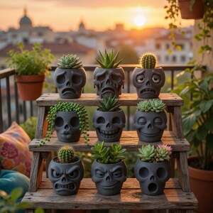 May include: A collection of gray skull-shaped planters, each holding a different succulent or cactus. The planters are arranged on a rustic wooden shelf, with a sunset in the background. The skulls have various expressions.