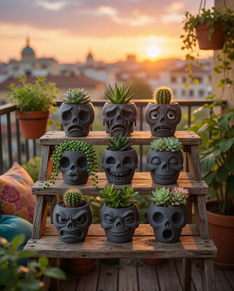 May include: A collection of gray skull-shaped planters, each holding a different succulent or cactus. The planters are arranged on a rustic wooden shelf, with a sunset in the background. The skulls have various expressions.