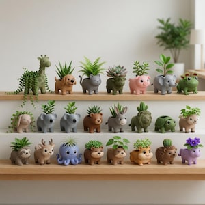 May include: A variety of animal-shaped plant pots, each containing a small plant. The pots are designed as a giraffe, dog, cat, cow, pig, elephant, frog, bunny, koala, bear, donkey, lion, turtle, hamster, sloth, deer, octopus, hedgehog, and pig.