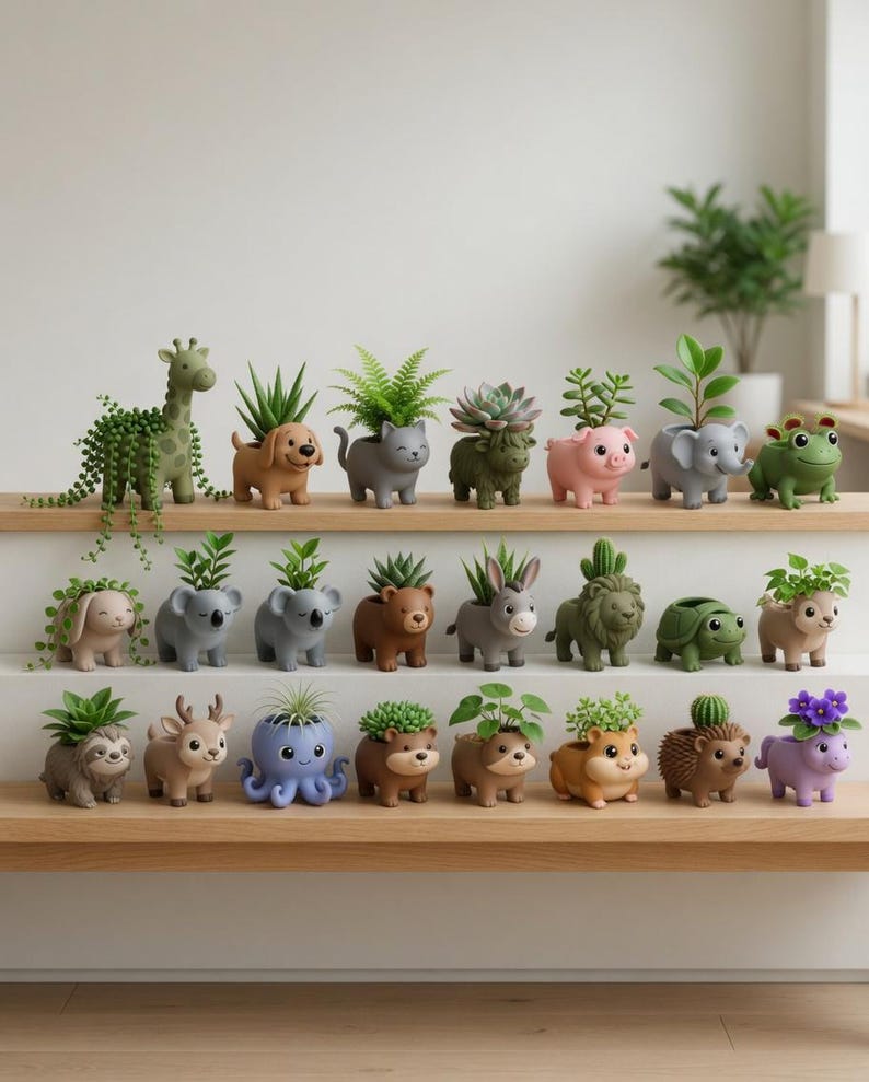 May include: A variety of animal-shaped plant pots, each containing a small plant. The pots are designed as a giraffe, dog, cat, cow, pig, elephant, frog, bunny, koala, bear, donkey, lion, turtle, hamster, sloth, deer, octopus, hedgehog, and pig.