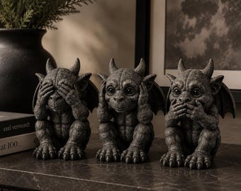 STL-bundel babygargoyle, standbeeld van drie wijze apen waterspuwer 3D-afdrukbare 3MF-bestanden