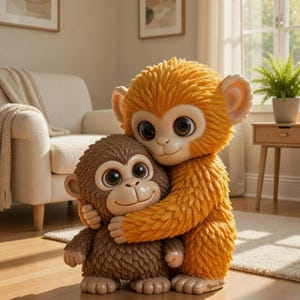 May include: Two plush monkey figurines, one embracing the other. The larger monkey is orange, and the smaller one is brown. Both have large, expressive eyes and are positioned on a wooden floor in a well-lit room. The scene evokes a sense of warmth and affection.