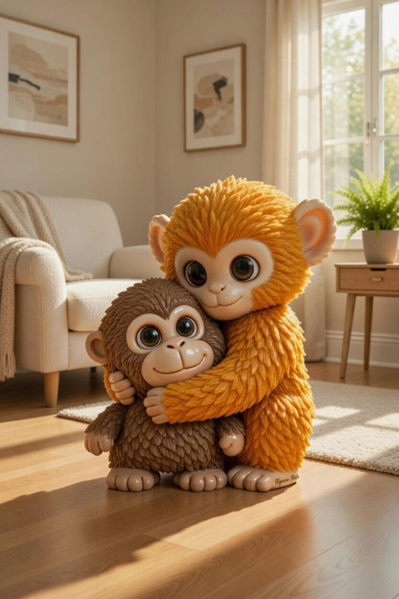 May include: Two plush monkey figurines, one embracing the other. The larger monkey is orange, and the smaller one is brown. Both have large, expressive eyes and are positioned on a wooden floor in a well-lit room. The scene evokes a sense of warmth and affection.