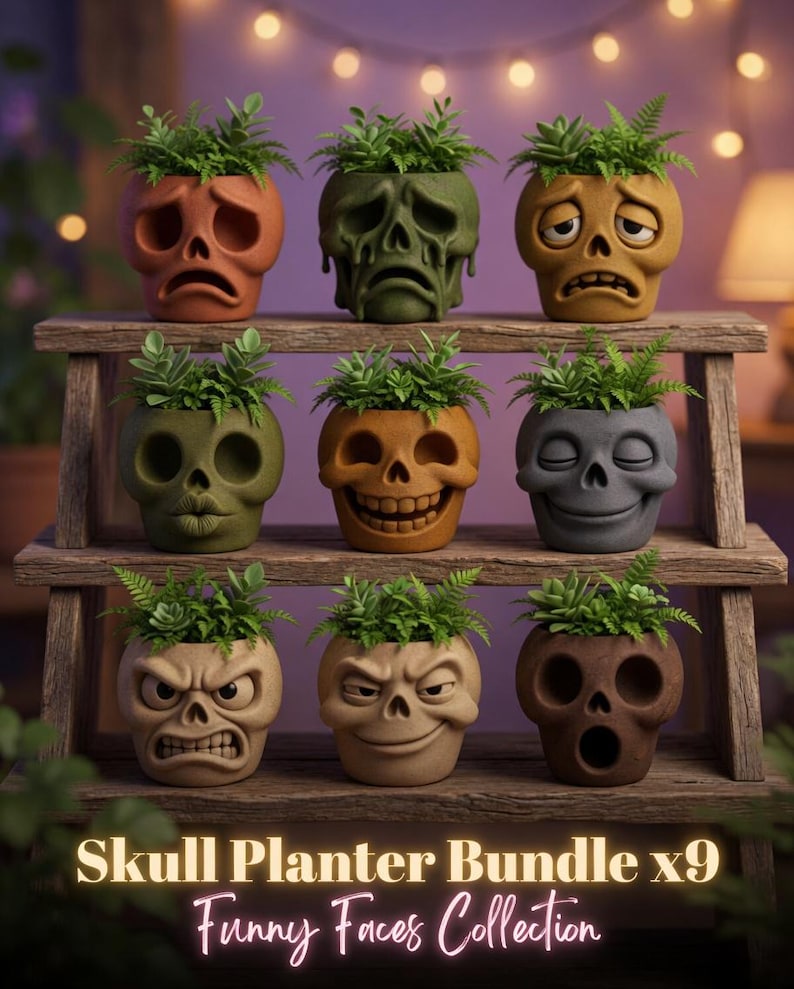 May include: A collection of nine skull-shaped planters with various facial expressions, each holding a small green plant. The planters are arranged on a wooden shelf. The text "Skull Planter Bundle x9 Funny Faces Collection" is at the bottom.