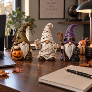 May include: Three decorative gnome figurines standing on a desk. The left gnome wears a green hat and holds a jack-o'-lantern. The center gnome is wrapped in white bandages like a mummy. The right gnome wears a purple hat, holds a broom, and has a black cat.