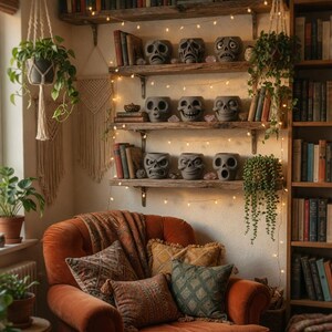 May include: Cozy reading nook with an orange armchair, throw pillows, and a blanket. Wooden shelves display books and skull-shaped planters. String lights and hanging plants add warmth to the room. A bookshelf is on the right side of the image.