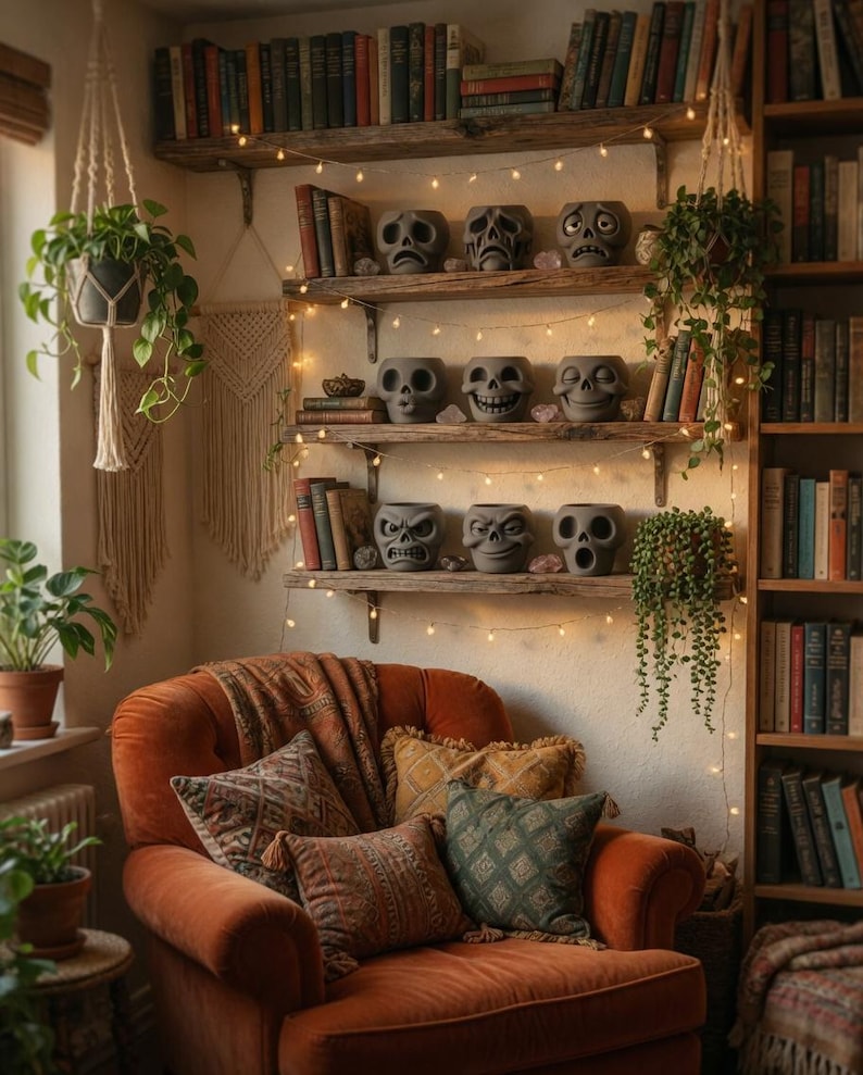 May include: Cozy reading nook with an orange armchair, throw pillows, and a blanket. Wooden shelves display books and skull-shaped planters. String lights and hanging plants add warmth to the room. A bookshelf is on the right side of the image.