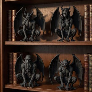 May include: Four dark gray gargoyle statues with bat-like wings, perched on wooden shelves in front of antique books. Each statue has a unique design, with horns, facial features, and body details. The statues are in a library setting.