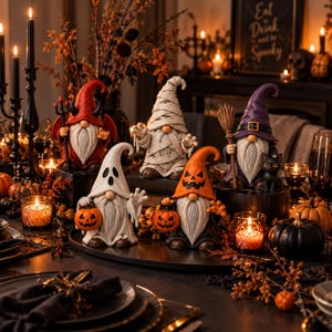 May include: A collection of five Halloween-themed gnomes featuring a red devil, a white mummy, a purple witch with a broom and black cat, a white ghost holding a pumpkin, and an orange jack-o'-lantern gnome, all arranged on a dark table.