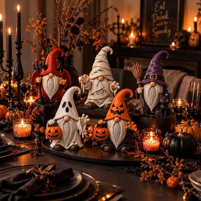 May include: A collection of five Halloween-themed gnomes featuring a red devil, a white mummy, a purple witch with a broom and black cat, a white ghost holding a pumpkin, and an orange jack-o'-lantern gnome, all arranged on a dark table.