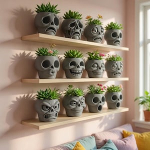 May include: A collection of gray skull-shaped planters, each with a different facial expression, arranged on wooden shelves. The planters are filled with green succulents and small flowers. The shelves are mounted on a pink wall, creating a unique decorative display.