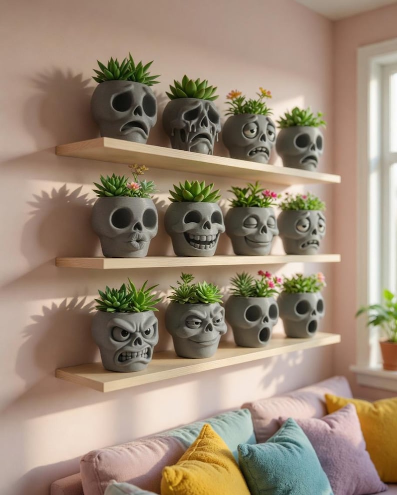 May include: A collection of gray skull-shaped planters, each with a different facial expression, arranged on wooden shelves. The planters are filled with green succulents and small flowers. The shelves are mounted on a pink wall, creating a unique decorative display.