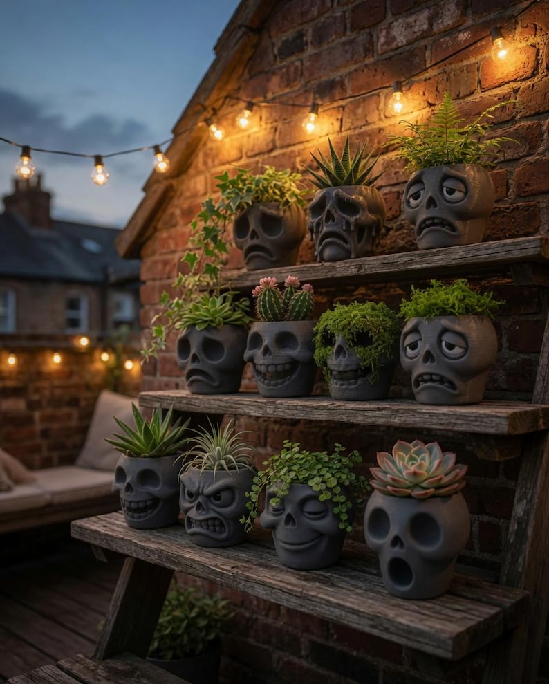 May include: A collection of gray skull-shaped planters filled with various succulents and greenery. The planters are arranged on wooden shelves against a brick wall, illuminated by string lights. The skull designs have different facial expressions.