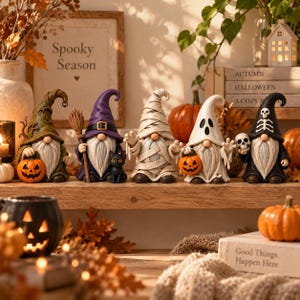 May include: A set of five Halloween-themed gnome figurines standing in a row. The gnomes are dressed as a forest creature with a pumpkin, a witch with a broom and black cat, a mummy, a ghost holding a pumpkin, and a skeleton holding a skull.