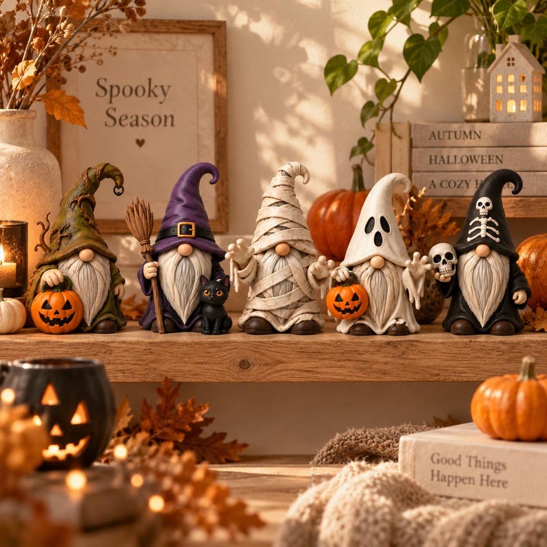 May include: A set of five Halloween-themed gnome figurines standing in a row. The gnomes are dressed as a forest creature with a pumpkin, a witch with a broom and black cat, a mummy, a ghost holding a pumpkin, and a skeleton holding a skull.
