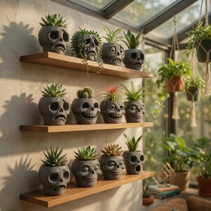 May include: A collection of gray skull-shaped planters with various succulents and small plants. The planters are arranged on wooden shelves against a neutral wall, creating a unique and decorative display. The expressions on the skulls vary.