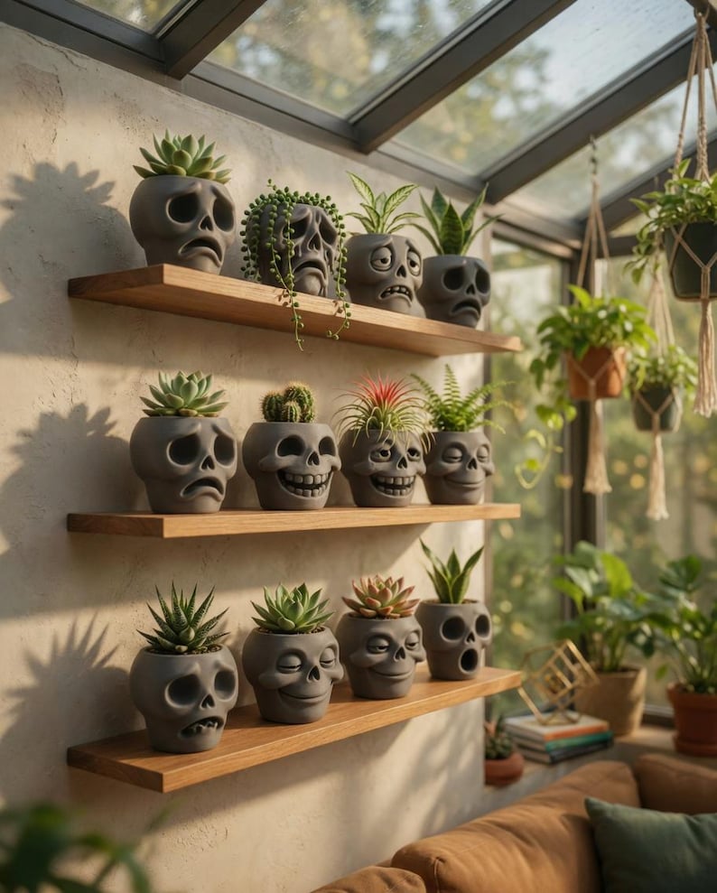 May include: A collection of gray skull-shaped planters with various succulents and small plants. The planters are arranged on wooden shelves against a neutral wall, creating a unique and decorative display. The expressions on the skulls vary.