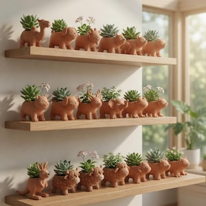 Pode incluir: Uma coleção de vasos de animais de terracota, cada um com uma planta suculenta. Os vasos estão dispostos em prateleiras de madeira contra uma parede branca. Os animais incluem um camelo, um cão, um rinoceronte e um porco.