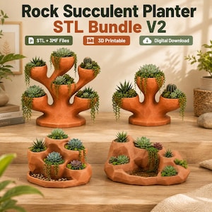 Puede incluir: Un paquete de descarga digital para macetas de suculentas con forma de roca imprimibles en 3D. El conjunto incluye cuatro diseños geométricos facetados de color terracota con múltiples cavidades para plantas suculentas verdes.