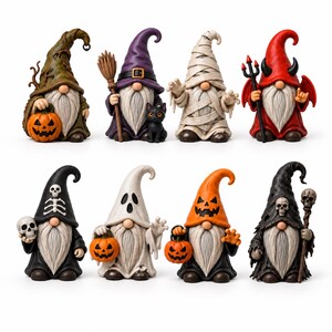 May include: A set of eight decorative gnome figurines featuring Halloween themes. The gnomes are dressed as a tree, a witch with a cat, a mummy, a devil, a skeleton, a ghost, a jack-o'-lantern, and a grim reaper, each holding themed accessories.