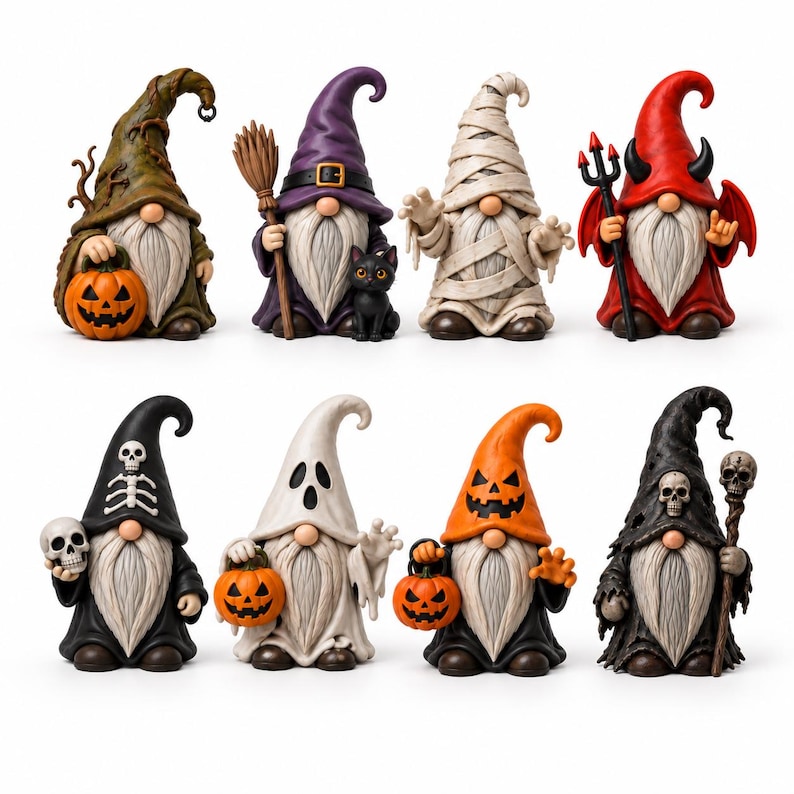 May include: A set of eight decorative gnome figurines featuring Halloween themes. The gnomes are dressed as a tree, a witch with a cat, a mummy, a devil, a skeleton, a ghost, a jack-o'-lantern, and a grim reaper, each holding themed accessories.
