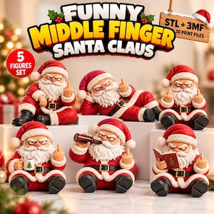 May include: A set of five Santa Claus figurines, each wearing a red suit with white trim and a matching hat. The figures are depicted with grumpy expressions, each making a middle finger gesture. Accessories include a coffee mug, bottle, and book.