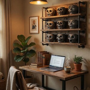 May include: A home office setup featuring a wooden desk with a laptop, books, and a coffee mug. Above the desk, a wall-mounted shelf displays nine skull-shaped planters. A plant and a framed picture add to the decor.