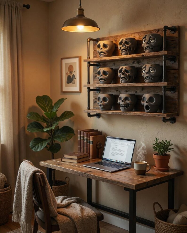 May include: A home office setup featuring a wooden desk with a laptop, books, and a coffee mug. Above the desk, a wall-mounted shelf displays nine skull-shaped planters. A plant and a framed picture add to the decor.