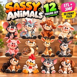 Könnte beinhalten: Ein Set aus 12 Sassy Animals 3D-Druckdateien in den Formaten STL und 3MF. Die Sammlung enthält Zeichentrickfiguren, darunter eine Maus, ein Drache, ein Hochlandrind, ein Schaf, ein Schwein, eine Schlange, eine Giraffe, ein Esel, ein Pferd, ein Huhn, eine Katze und ein Hund.