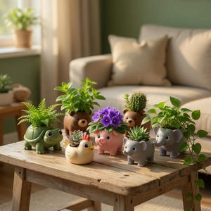 May include: A selection of animal-shaped plant pots on a wooden table. The pots, shaped like a turtle, bear, pig, elephant, and chicken, contain green plants and purple flowers. The table is positioned in front of a sofa and a window.