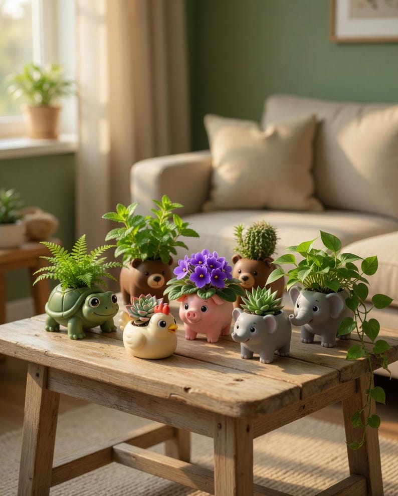 May include: A selection of animal-shaped plant pots on a wooden table. The pots, shaped like a turtle, bear, pig, elephant, and chicken, contain green plants and purple flowers. The table is positioned in front of a sofa and a window.