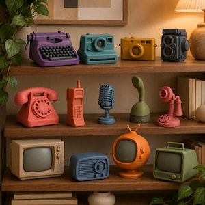 May include: A collection of miniature decorative figurines shaped like vintage technology, including a purple typewriter, teal and yellow cameras, a black twin-lens camera, a red rotary phone, a handheld phone, a blue microphone, and various televisions.