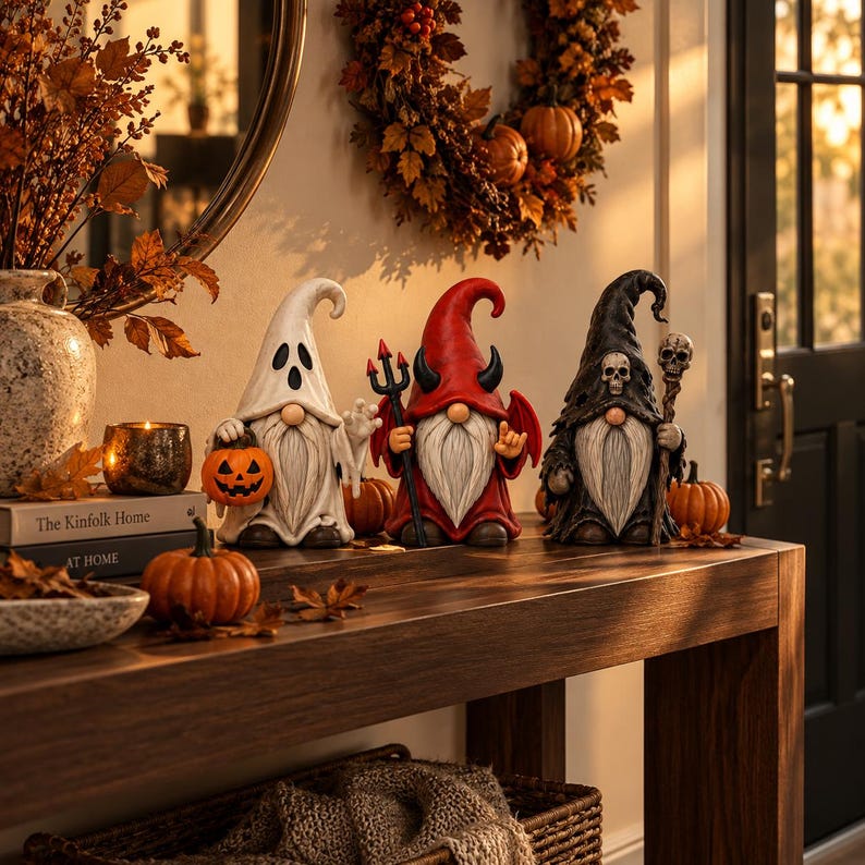 May include: Three decorative gnomes featuring Halloween themes. One gnome wears a white ghost costume holding a pumpkin, one is a red devil with a trident and wings, and one is a black figure with a skull staff. They have long white beards.