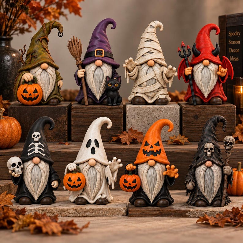 May include: A collection of eight Halloween-themed gnome figurines. Characters include a witch with a pumpkin, a wizard with a broom and cat, a mummy, a red devil, a skeleton, a ghost, a pumpkin-headed gnome, and a grim reaper with a skull.