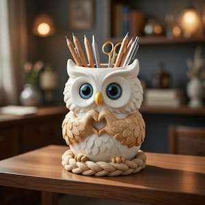 Puede incluir: Un organizador de escritorio con forma de búho blanco y beige, que contiene lápices, bolígrafos y tijeras. El búho tiene grandes ojos azules, un pico amarillo y un diseño en forma de corazón. Se apoya sobre una base de cuerda trenzada.