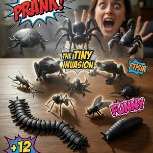 May include: A collection of black plastic toy insects and arachnids, including a spider, scorpion, and centipede, arranged on a wooden surface. The text "PRANK!" and "FUNNY" are displayed in comic book style bubbles. The text "THE TINY INVASION" is also visible.