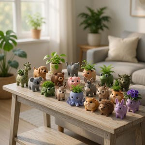 May include: A variety of animal-shaped plant pots, including a giraffe, dog, koala, bear, pig, cat, frog, and lion. Each pot contains a small plant. The pots are displayed on a wooden table in a bright room.