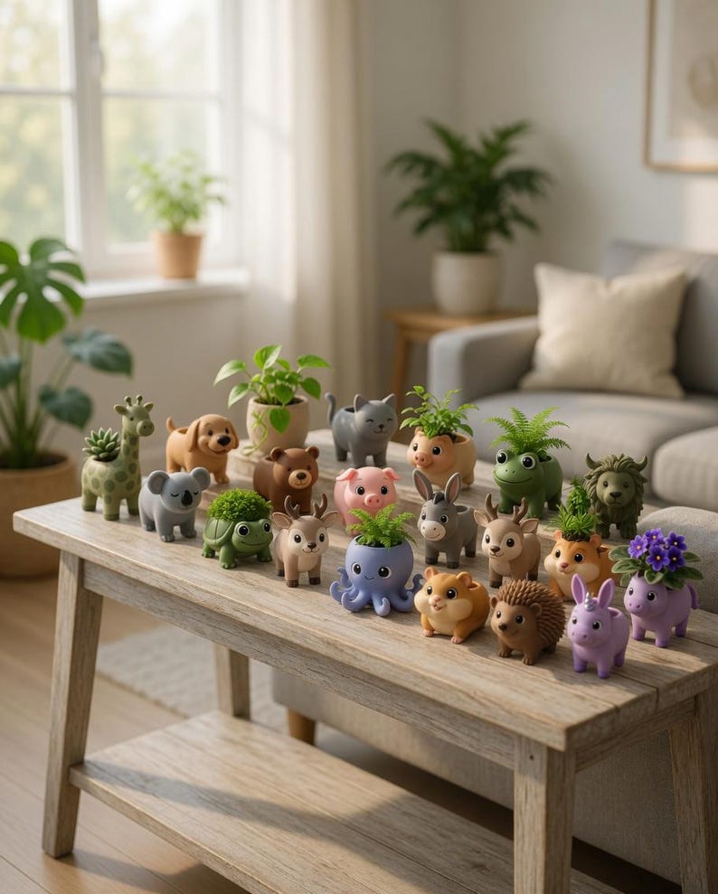 May include: A variety of animal-shaped plant pots, including a giraffe, dog, koala, bear, pig, cat, frog, and lion. Each pot contains a small plant. The pots are displayed on a wooden table in a bright room.